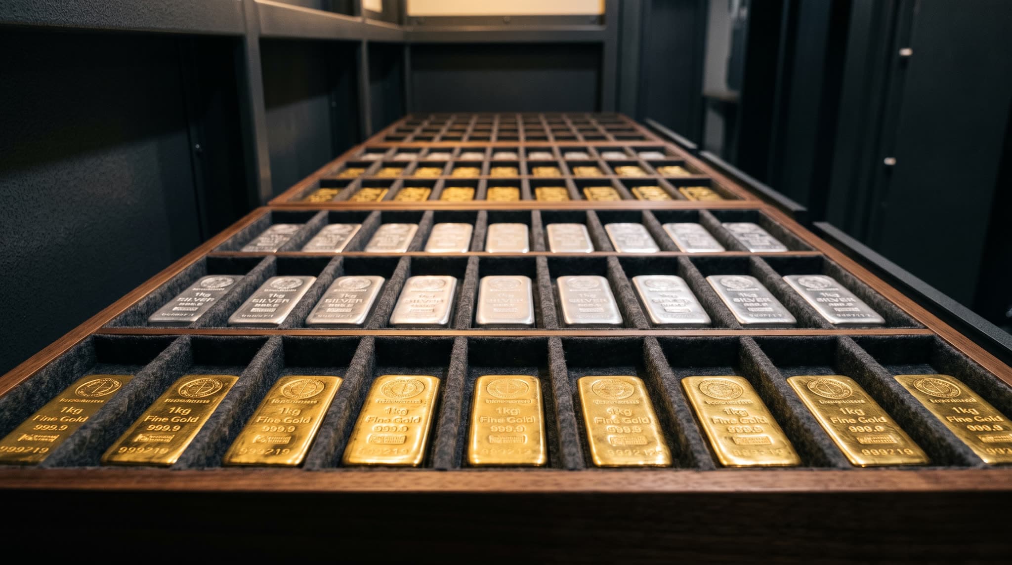 Rows of gold and silver bars, each seated in its own felt-lined compartment inside a secure vault.